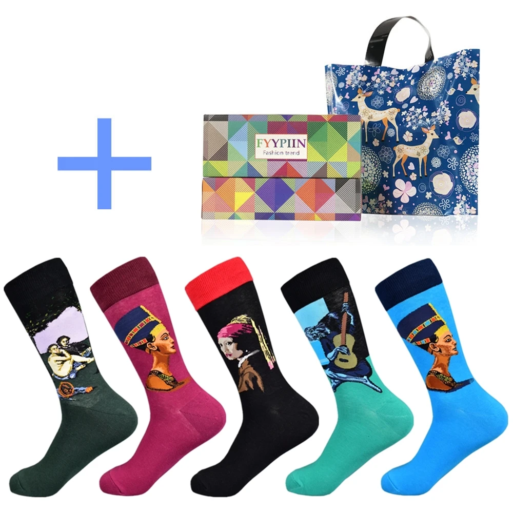 Золотой Happy Socks, ограниченная серия, повседневные, новинка, мужские забавные носки, подарочный набор, серия масляной живописи, чёсаный хлопок, новинка, мужские, 5 пар - Цвет: Золотой