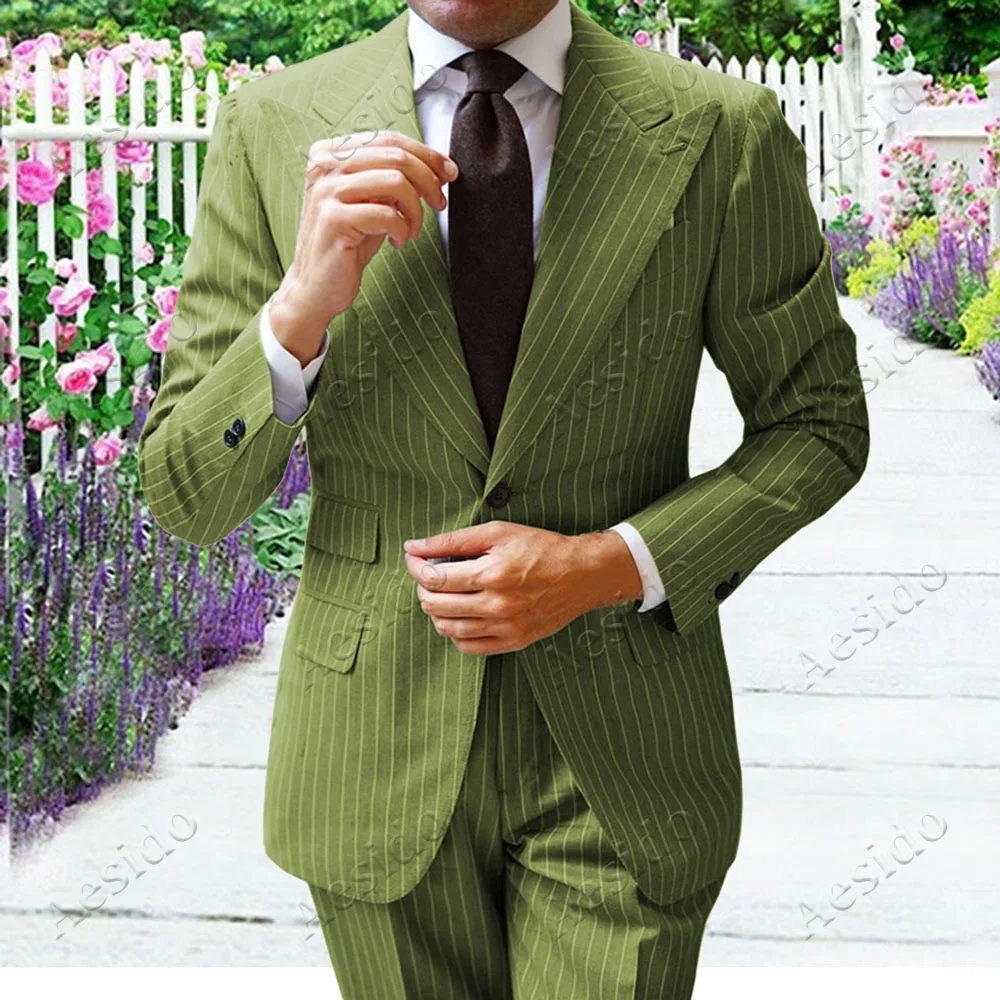 Olive Green Aesido формальные мужские костюмы Slim Fit 2 шт. выпускные смокинги Классический Полосатый деловой костюм пиджак блейзер брюки для Свадебные, для жениха - Цвет: Olive Green