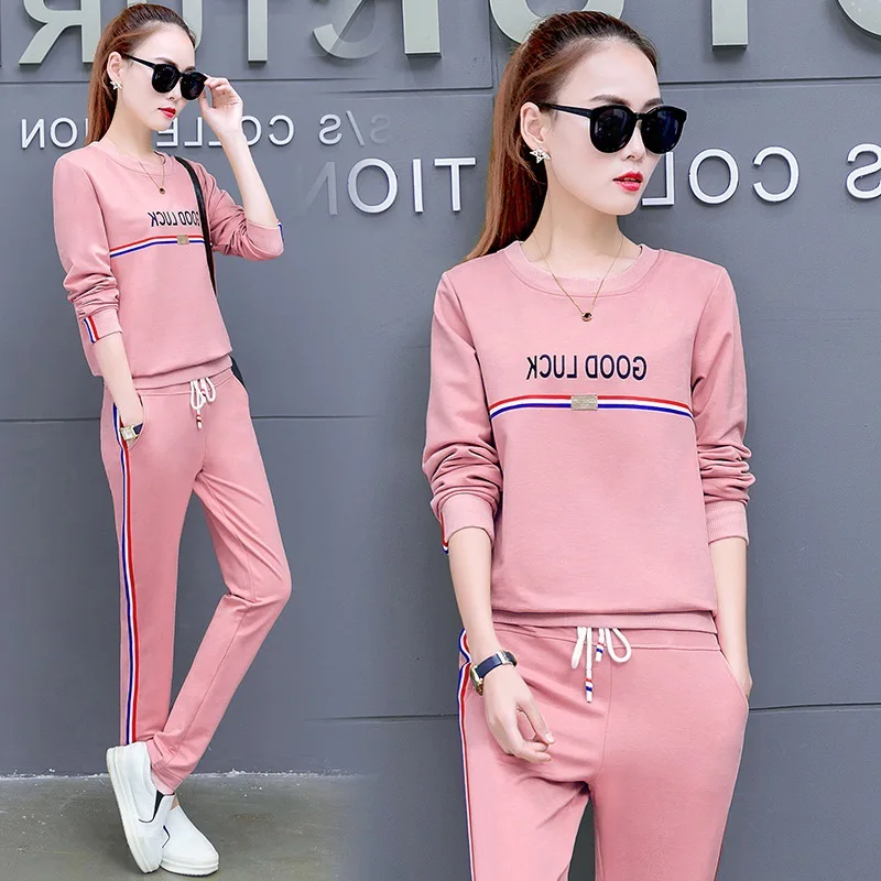 

Autumn Women Sportswear Letter Stripe Printed Sweatshirt Loose Pant Running Jogging Fitness Casual Set Sportswear Tracksuit