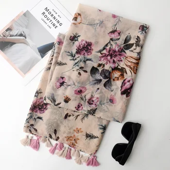 

New spring and summer foreign trade export scarf day Sen women's literature and art fan print cotton silk Shawls and Scarves