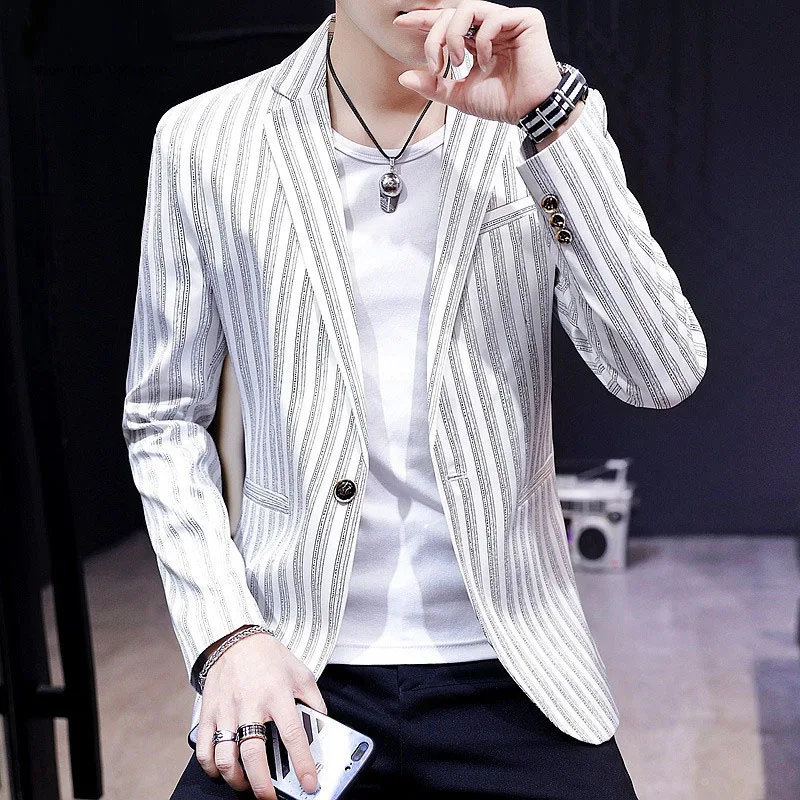 Men Blazer 2019 New Arrival Spring And Autumn Male Leisure Suit Pocket Stripe Coat Single Button Casual Korean Style X10