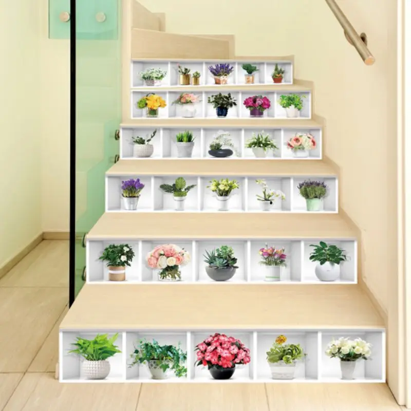 

6Pcs/set 3D Potted Plant Staircase Stair Riser Floor Sticker Self Adhesive DIY Stairway Waterproof PVC Wall Decal