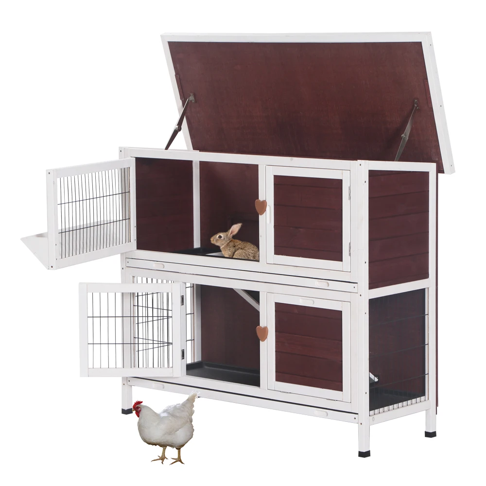 

US Warehouse 48" Two Floors Wooden Rabbit Hutch Rabbit Hutch Chicken Coop House Wooden White Brown Living House