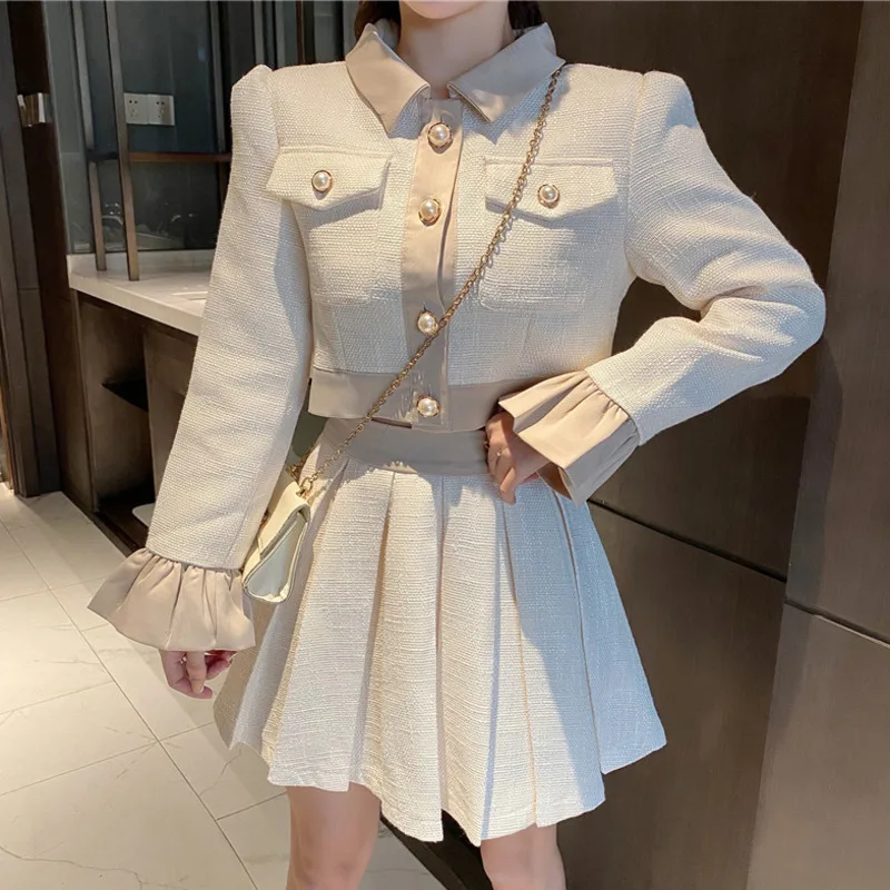 

2020 Autumn Korean Sweet Tweed Two Piece Set Women Woolen Short Jacket Coat + Mini Pleated Skirt Suits Female Two Piece Outfits
