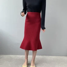Высокая талия, винтажная, облегающая, Вязанная, для женщин, зимняя, облегающая, длинная юбка, стрейч, для женщин, юбка русалки, Faldas Jupe Femme Saia