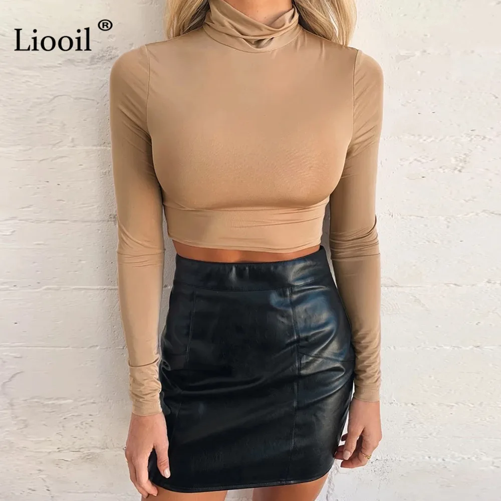 Хаки Liooil, зеленый облегающий короткий топ, черный, белый, Сексуальная футболка, весенняя, осенняя одежда для женщин, длинный рукав, водолазка, пуловер, топы - Цвет: Хаки