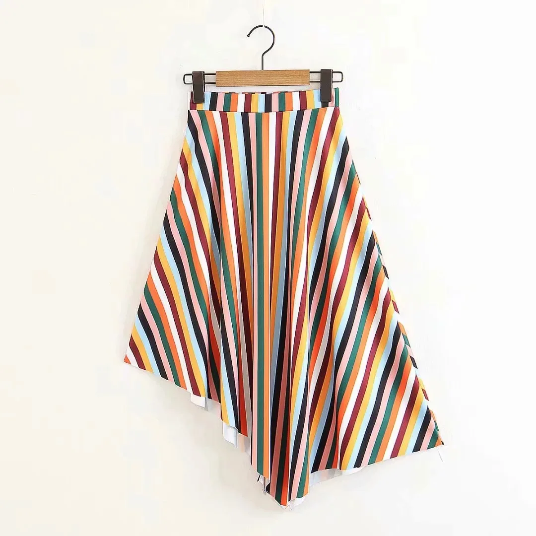 

Xl-2185 Women's Dress New Products Multi-color Stripe Irregular Skirt
