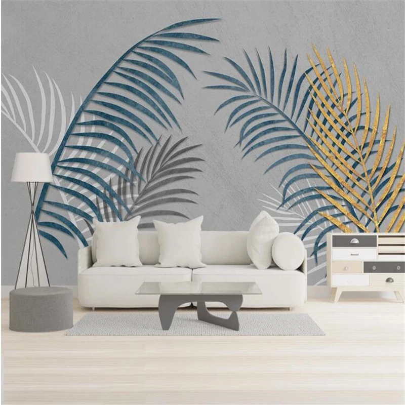 

wellyu papel de parede para quarto Custom wallpaper Nordic minimalist lines tropical leaves golden leaves light luxury backgr