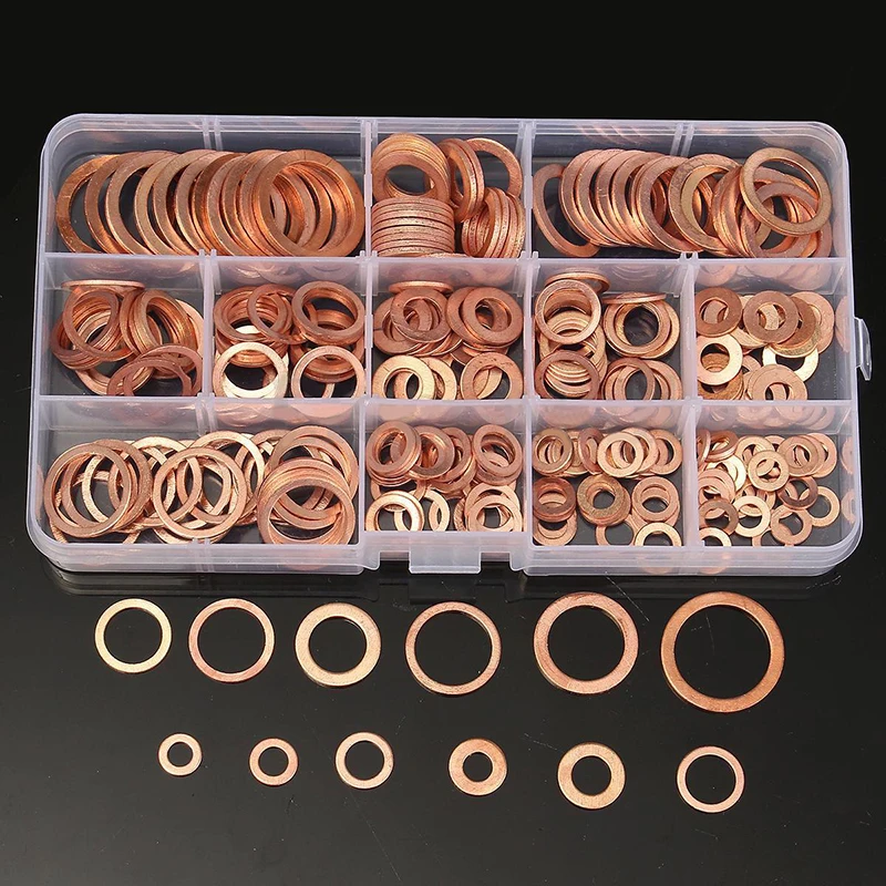 110Pcs Kit 6 Sizes Car Assorted Solid Copper Crush Washers Seal Flat Ring w/ Box 