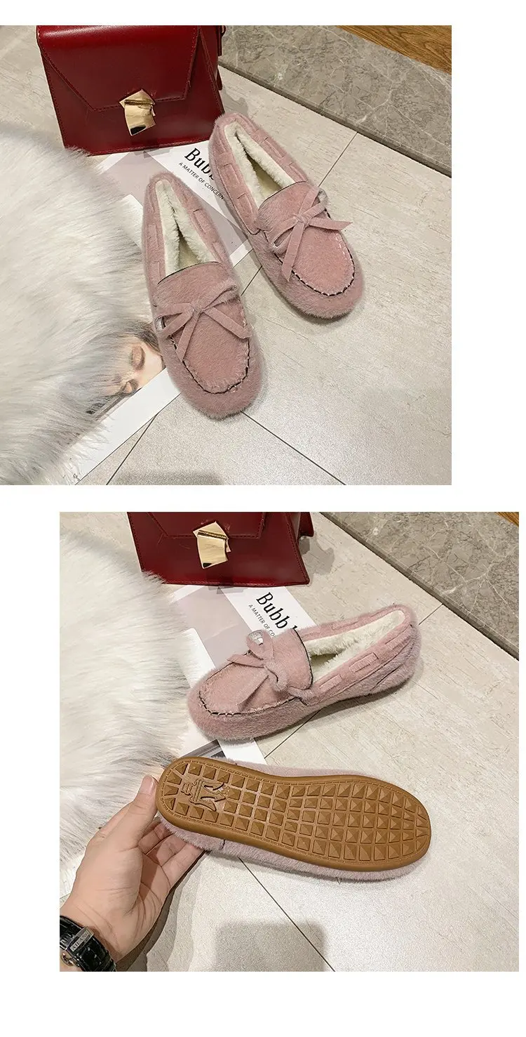 women Korean casual round toe shallow loafers winter warm lace-up bow-tied slip on moccasins brand sewing fur cotton shoes