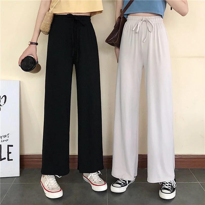 Short and Small Stature 150cm Ice Silk Knitted Wide-leg Pants Women's High Waist Drooping Straight-leg Cropped Casual | Женская