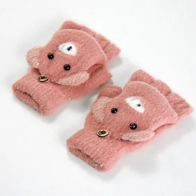 Детские перчатки с откидным верхом на осень и зиму, теплые бархатные Утепленные перчатки с мультяшным медведем, детские вязаные перчатки - Цвет: Оранжевый