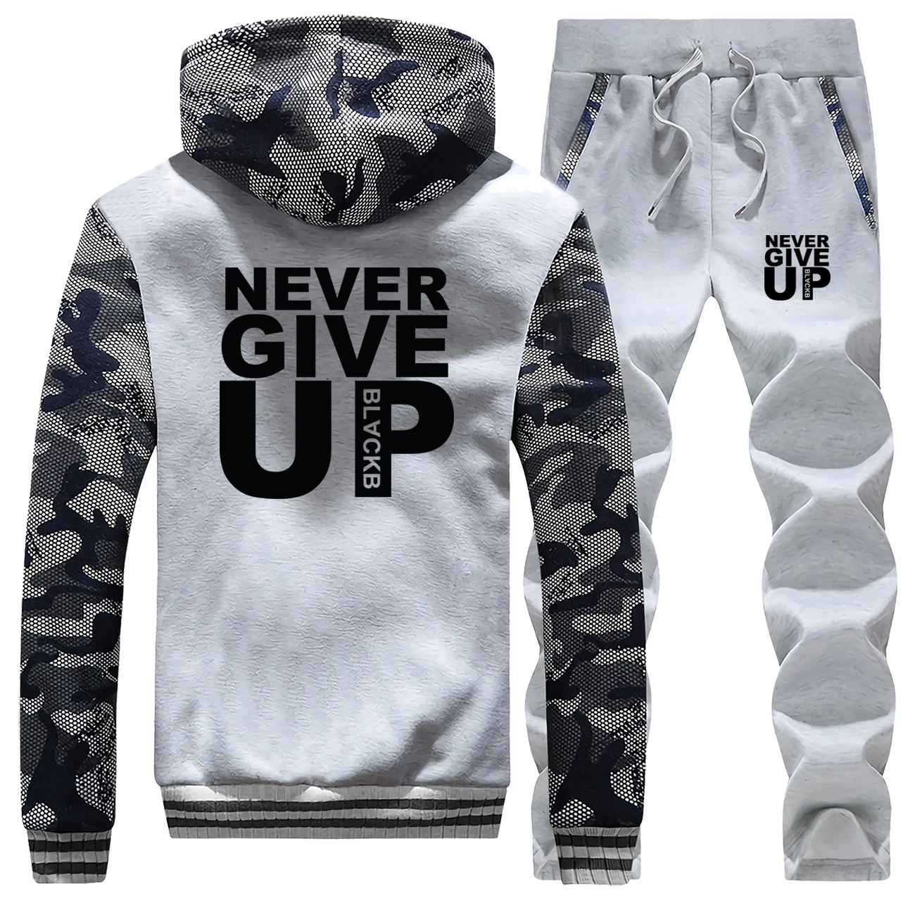 

Men's Hoodies Never Give Up Letter Print Jaket+Pants 2 Piece Sets Men Sweatshirt Warm Suit Camouflage Tracksuit Set Mens Coat
