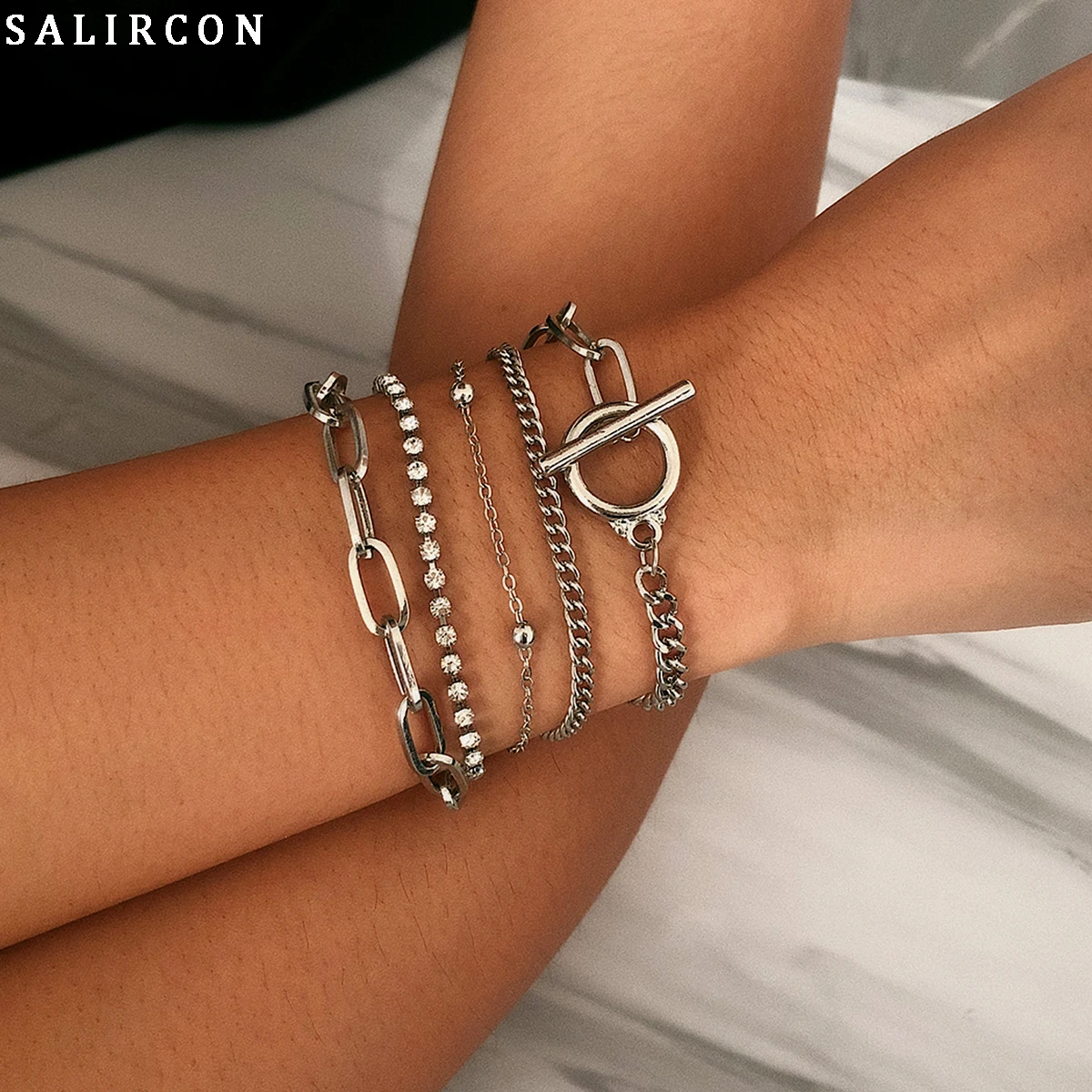 Salircon Punk Retro Layered Chain Bracelet Bangles for Women Fashion Gold Silver Crystal Bracelet Charm Hand Chain Jewelry Girls