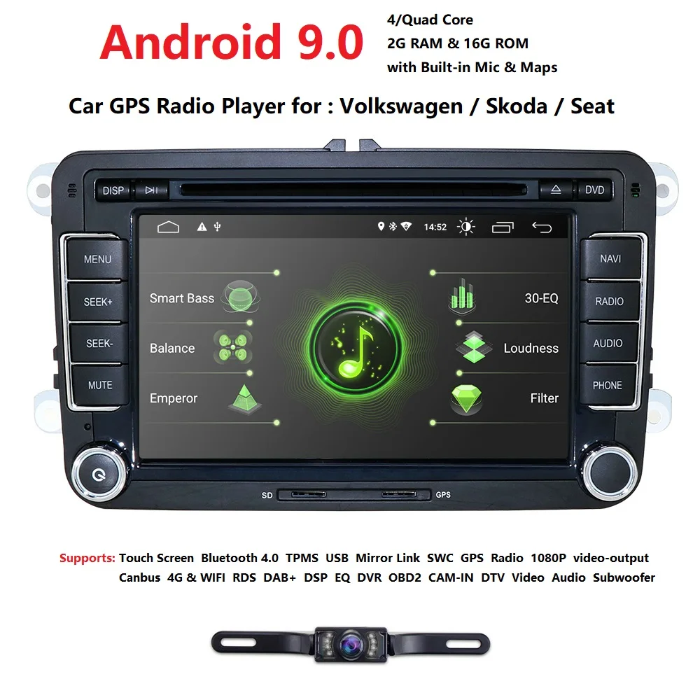 Автомобильный мультимедийный плеер Android 9 gps 2 Din для VW/Golf/Tiguan/Skoda/Fabia/Rapid/Seat/Leon Canbus Automotivo DVD Радио DSP