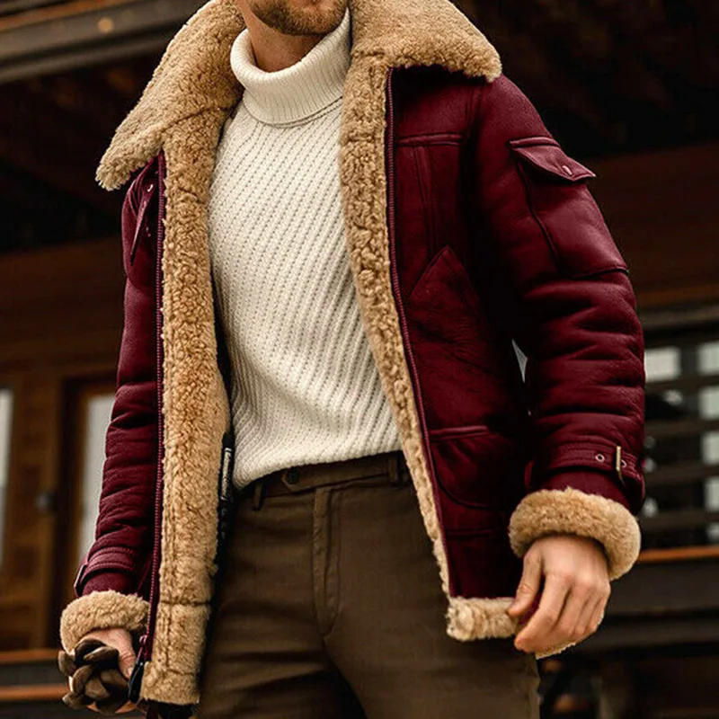 Men's Winter PU Jackets Thick Fleece Lined Bomber Flying Short Coats Zipper Closure for Outdoor Motor