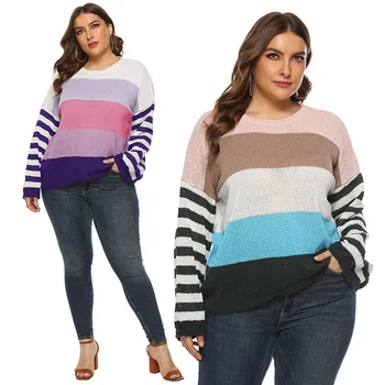 

Women's Fashion fat Loose Casual stripe long sleeve Floral print Autumn winter Sweater Pullovers