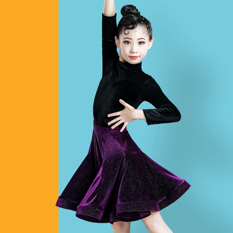 Black and purple Костюм для латинских танцев; детский топ с длинными рукавами для латинских танцев; юбка для бальных танцев; одежда для выступлений; Одежда для танцев в румбе; VO228 - Цвет: Black and purple