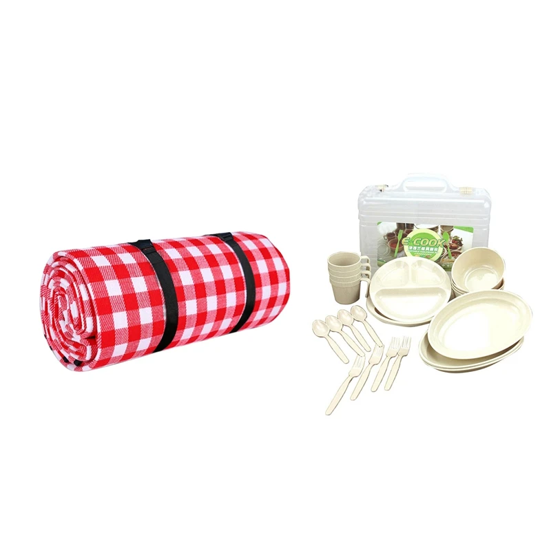 

1 Set Outdoor Picnic Barbecue Portable Plastic Tableware Set Bowl Dish Cup Set Combination & 1Pcs Picnic Blanket Mat Waterproof