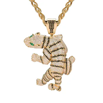 

Iced Out Iced Out CZ Animai Tiger Necklace Pendant Copper Gold Silver Color Cubic Zircon Men Women Hip Hop Jewelry Choker Gifts