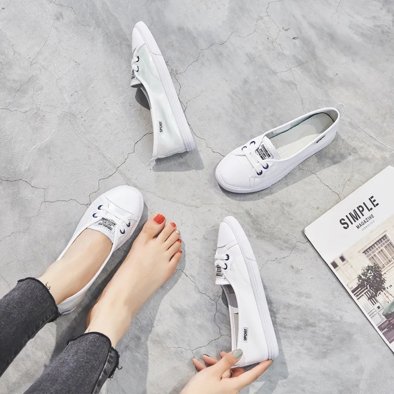 

2019 Spring Summer New Style White Shoes Women's Fashion Korean-style Sports Flat Top Shoes Breathable Versatile Low-Cut Simple