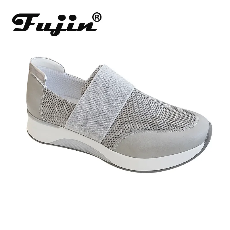 Fujin/женские тонкие туфли; коллекция года; сезон весна-лето; Модные дышащие туфли на плоской подошве с сеткой; повседневные женские туфли с круглым носком и эластичной лентой