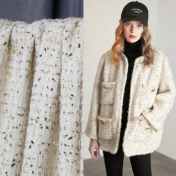

The Cloth France White Golden Wool Tweed Fabrics Autumn Jacket Dress Suits Garment Materials The Sewing Cloth Meter Freeshipping