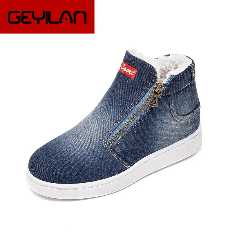 

New Women Shoes Winter Denim Ankle Boots Classic Zipper Snow Boots Warm Plush Thickening Flat Boots for Zapatos De Mujer 785