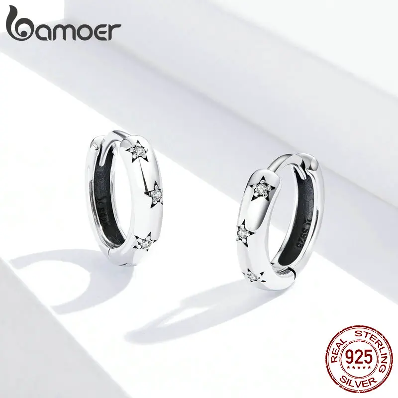 bamoer Silver 925 Jewelry Spraking Star Minimalist Ear Hoops Earrings for Women Sterling Silver Fine Jewelry Pendientes SCE873 - Image 3