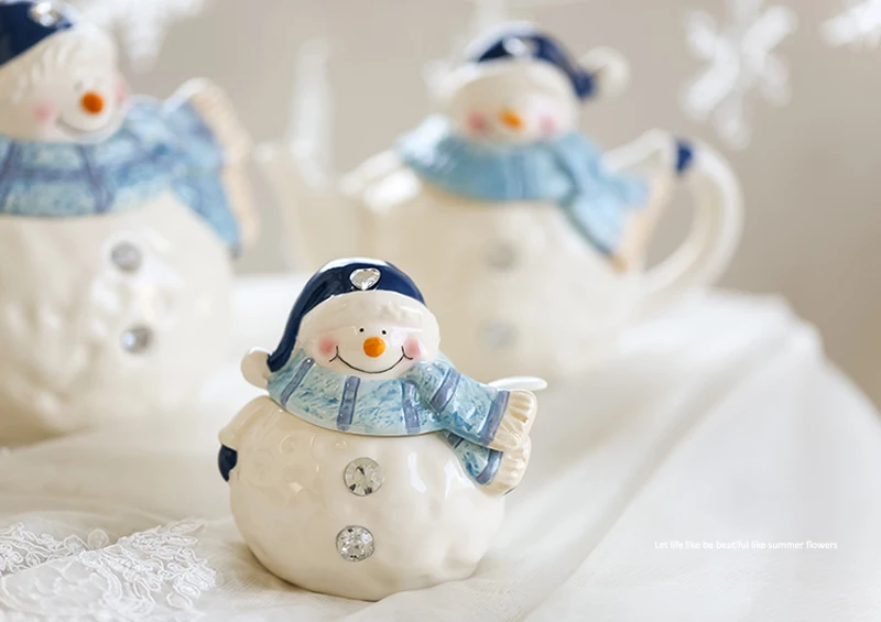 Милые керамические Столовые тарелки со снеговиком, салатник, посуда для закусок, чайник, банка для хранения, тарелка для приправ, посуда, рождественский подарок