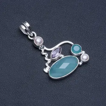 

Natural Chalcedony,Amethyst and River Pearl Boho 925 Sterling Silver Pendant Necklace 1 1/2" R1313