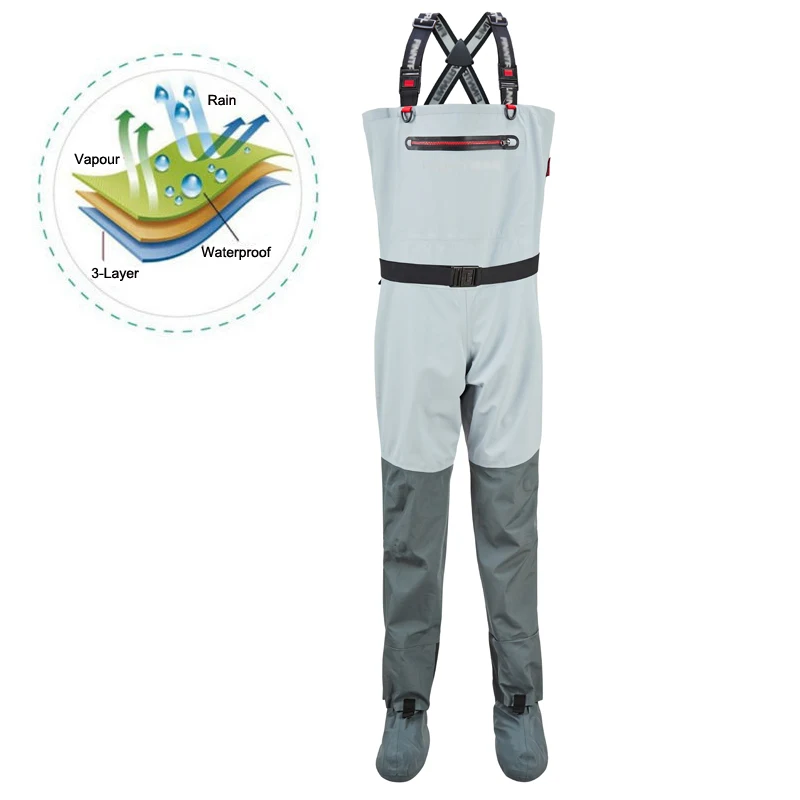 

Breathable Chest Fishing Wader 3 Layer Waterproof Fabric Stocking foot with Reflective Print River Wader Pants for Men and Women