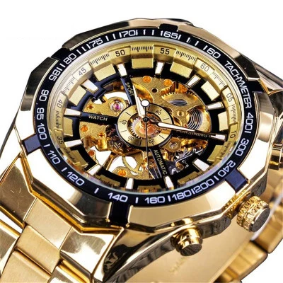 GoldBlack Winner Luxury Hollow Engraving Black Gold Case Leather Automatic Skeleton Mechanical Watches Men Luxury Brand Montre Homme Clock - Цвет: GoldBlack