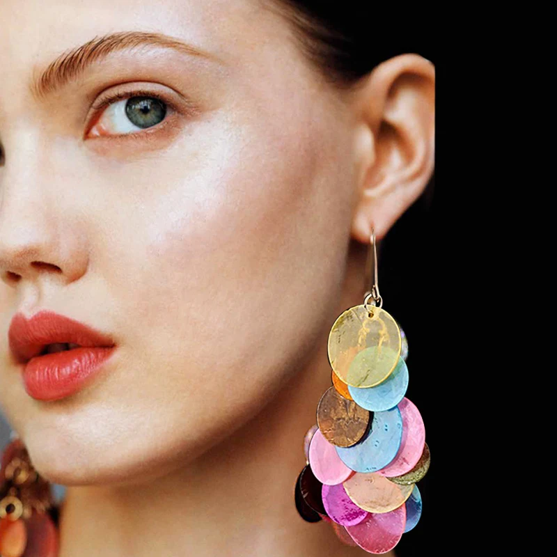 

Fashionable new style circle color shell tassel earrings for woman color fish scale piece jewelry earring