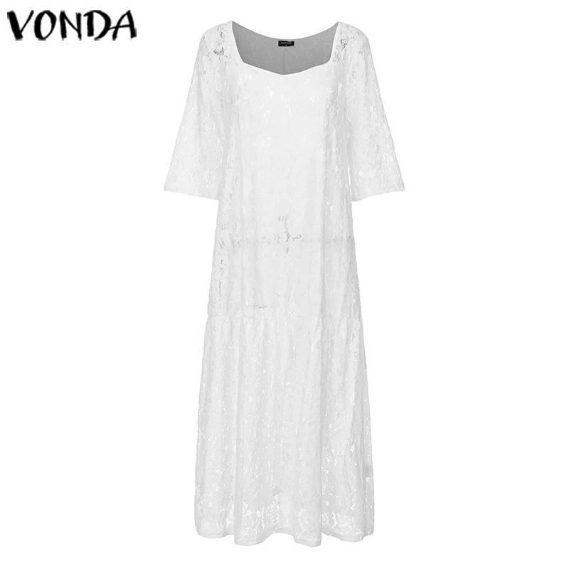 VONDA/женские хлопковые льняные платья с коротким рукавом, прозрачные праздничные длинные платья, Вязаные кружевные вечерние платья, большие размеры, Vestidos