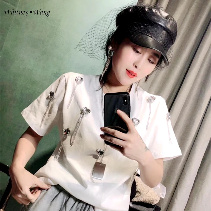 WHITNEY WANG футболка Летняя мода уличная ручная работа сладкое сердце бриллианты кисточка Футболка женская футболка Топ Леди тройники - Цвет: Белый