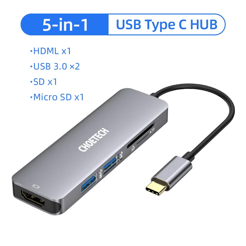 CHOETECH usb-хаб C концентратор для нескольких USB 3,0 HDMI RJ45 адаптер SD ридер для MacBook Pro USB-C type C 3,0 разветвитель 2 Por USB C концентратор - Цвет: 5 in 1 USB C Hub