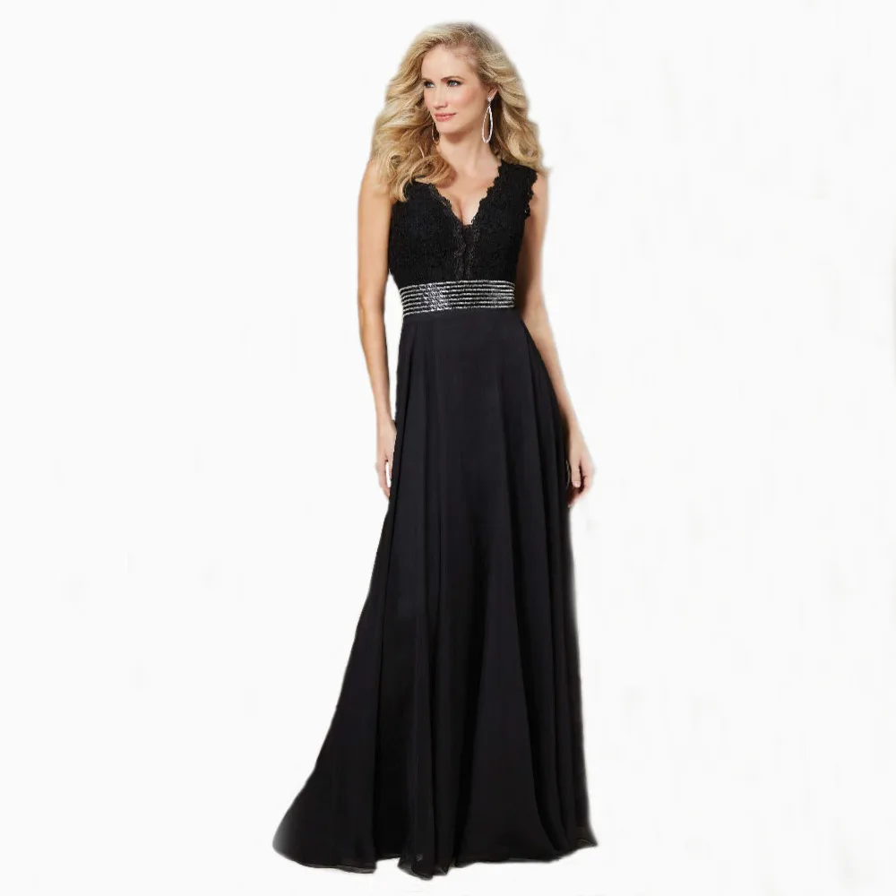 

Sexy V Neck Lace Bodice Beaded Empire A Line Black Long Prom Dresses 2015 Customized homecoming dresses vestidos de fiesta P8142