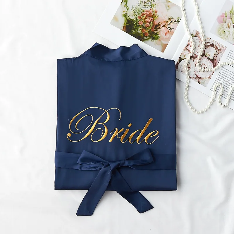 Satin Robes Women Bathrobe Embroidery Sleepwear Silk Kimono Wedding Robes for Bridesmaids and Bride Thin Nightrobe Morning Gown - Цвет: Bride Navy Blue