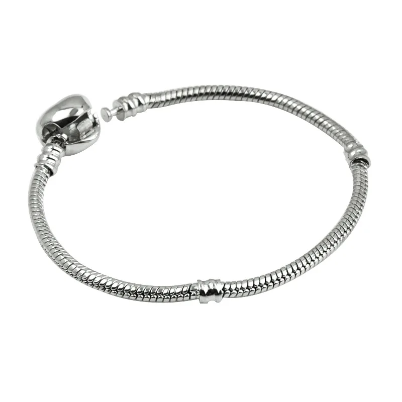 

High Quality Silver Color Hearts Basic Snake Chain Charms Beads DIY Jewelry Original Bracelets & Bangles for Women Bijoux Gifts