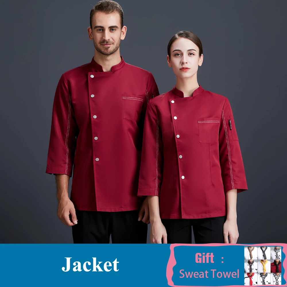 Red Coat Шеф-повар футболки-униформы Еда Услуги Ресторан Кухня комбинезоны профессиональные общественного питания куртки кафе Парикмахерская униформа официанта - Цвет: Red Coat