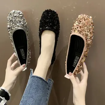 

Peas shoes suitable for feet wide feet fat single shoes women 2020 spring and autumn new sequin fairy shoes gentle flat scoop sh