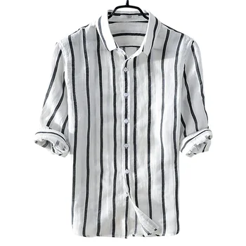 

Pure Linen Shirts For men Black And White Stripe Long Sleeve Shirt For Men Summer white linen shirts for men 2020