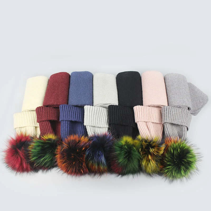 Conjunto de gorro de punto con pompón para mujer y niño, gorro cálido Unisex de mapache, Color sólido, para Otoño e Invierno