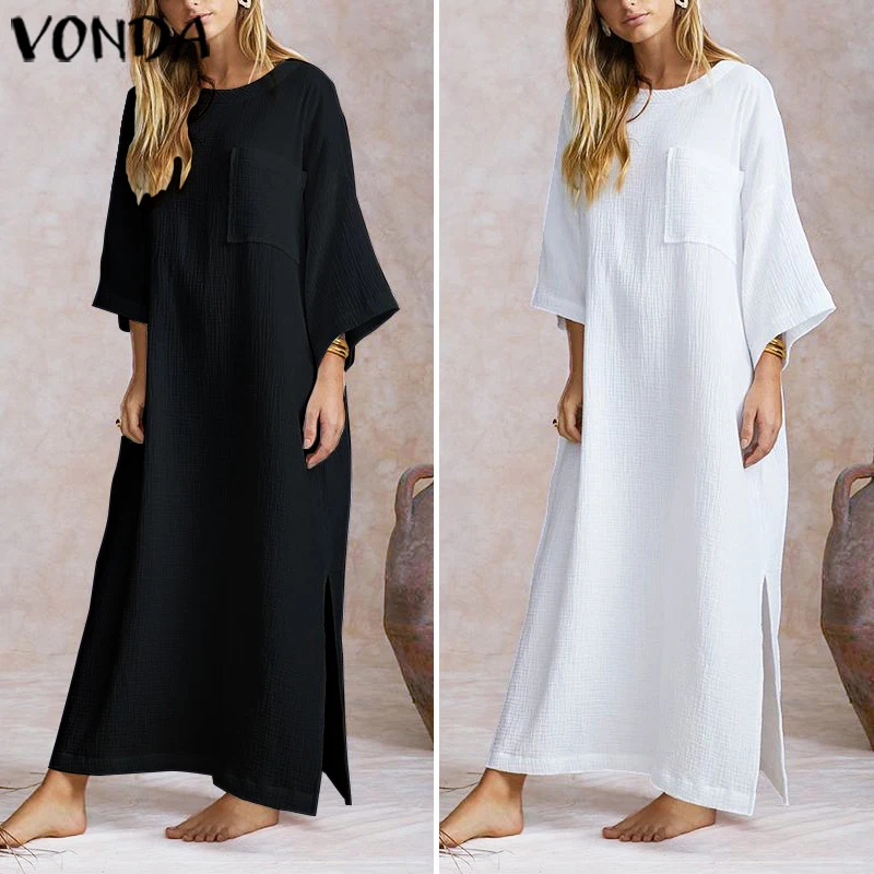 

VONDA Women Bohemian White Dress 2019 Spring Vintage Split Hem Maxi Long Dress Casual Loose Plus Size Vestido Solid Robe Femme