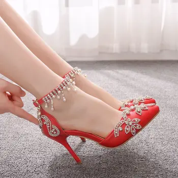 

Summer Autumn Ladies Thin Heels Stiletto Pointed Toe Rhinestone Beaded Tassel Sandals Bridal Wedding Dress Red Women Shoes A0048