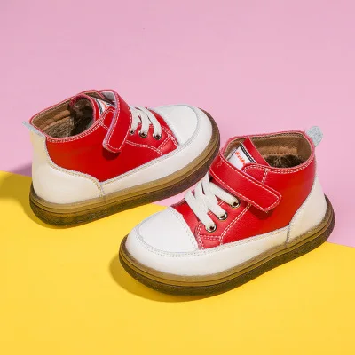 Детская обувь; Повседневная обувь для девочек; высокие кроссовки из натуральной кожи для мальчиков; детская спортивная обувь на липучке; нескользящая повседневная обувь для малышей - Цвет: Red cotton shoes