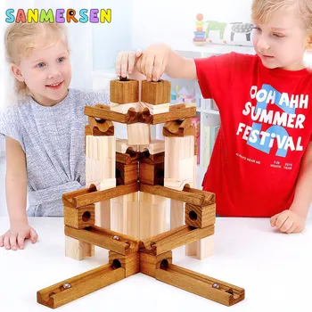 

45-50PCS Children's Wooden Track Building Blocks Toys Marble Race Run Maze Ball Educational Assembling Wood Building Blocks