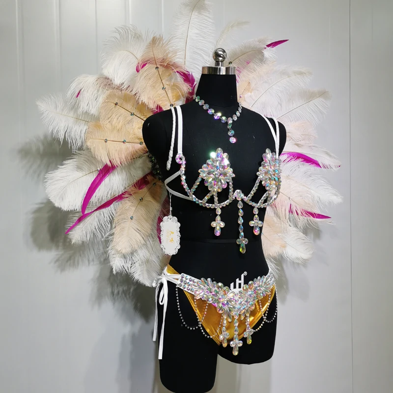 Top Quality Handmade Samba Rio Carnival Wire Bra+Panty+Feather