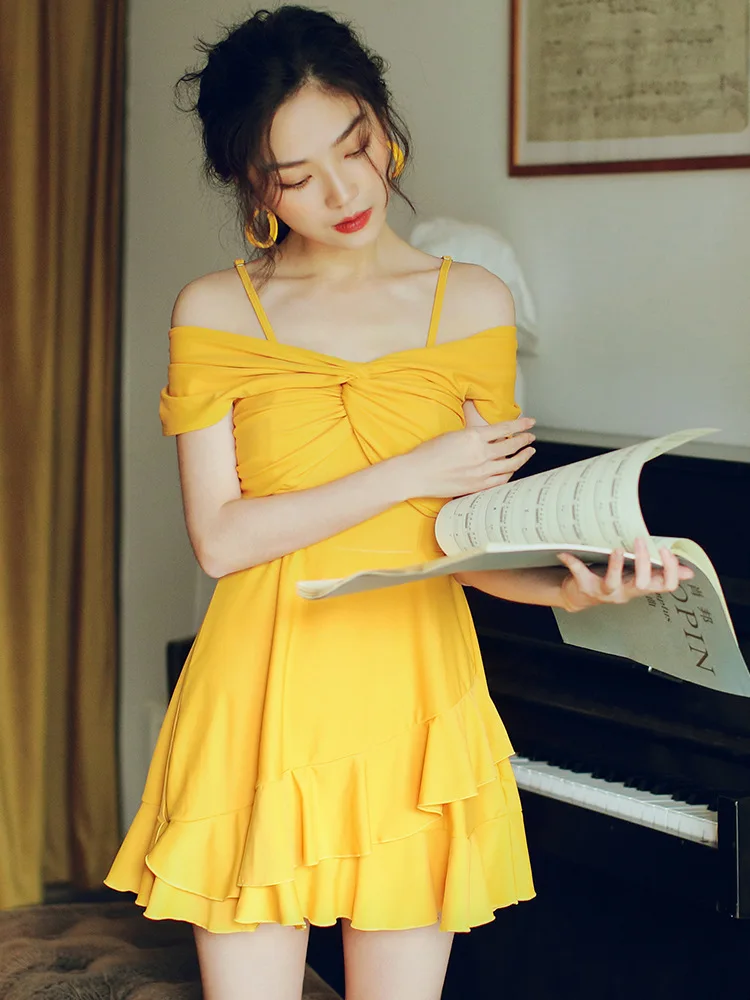 

New Style Solid Color Conservative Yellow off-Shoulder Push up Belly Covering Slimming Dress-Bathing Suit WOMEN'S Swimsuit
